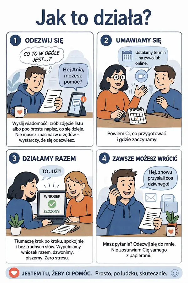 Mini komiks obrazujący cztery etapy komunikacji i współpracy